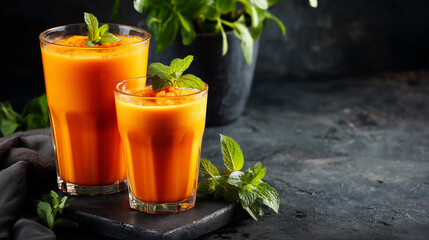 Freshly squeezed orange carrot smoothie in small and large glasses with mint on a dark stone table