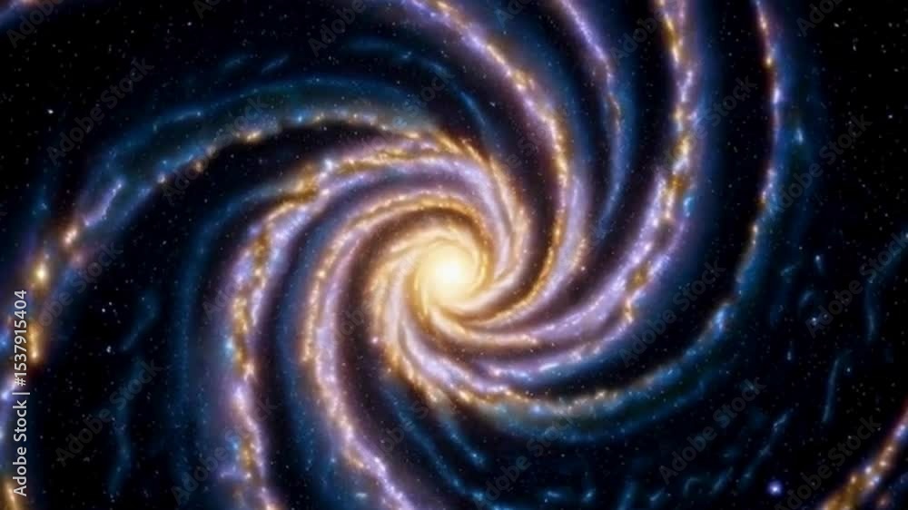 Poster slow rotating spiral galaxy in vast universe, glowing core and trailing arms, black background space