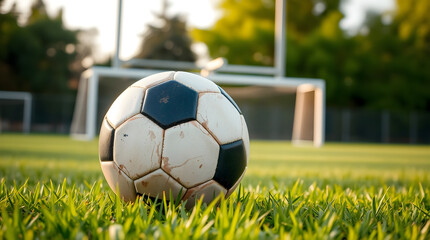 Fototapeta premium Worn soccer ball lying on lush green grass in front of goal post