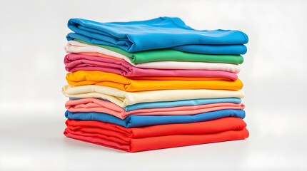 Stack of folded colorful t-shirts forming a rainbow on white background
