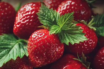 Fresh and Juicy Strawberries with Bright Red Color and Green Leaves, Perfect for Delicious Desserts and Refreshing Summer Snacks