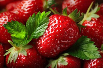 Fresh and Juicy Strawberries with Bright Red Color and Green Leaves, Perfect for Delicious Desserts and Refreshing Summer Snacks