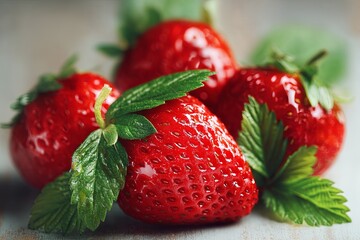 Fresh and Juicy Strawberries with Bright Red Color and Green Leaves, Perfect for Delicious Desserts and Refreshing Summer Snacks