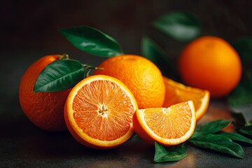 Fresh and Juicy Oranges Displayed Whole and Sliced with Green Leaves for Natural and Healthy Food Imagery