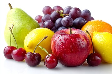 Fresh and Colorful Assortment of Juicy Fruits Including Apples, Pears, Grapes, Oranges, Lemons, and Cherries on a Bright White Background