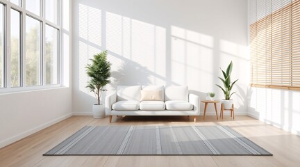 Fototapeta premium Minimalist Living Room with a White Sofa, Rug, and Indoor Plant
