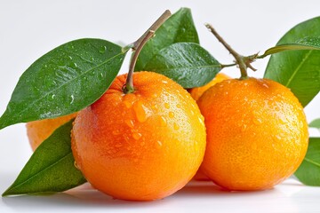 Fresh and Juicy Oranges with Leaves on a White Background Showcasing Natural Citrus Fruit for Healthy Eating and Refreshing Beverages