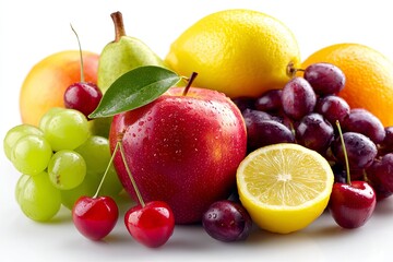 Fresh and Colorful Assortment of Juicy Fruits Including Apples, Pears, Grapes, Oranges, Lemons, and Cherries on a Bright White Background