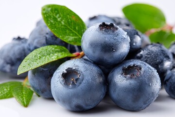 Fresh Blueberries Surrounded by Green Leaves on a White Background Showcasing the Natural Beauty and Health Benefits of This Popular Superfood Fruit