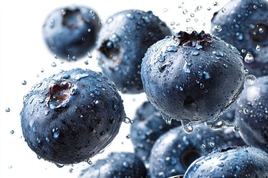 Fresh Blueberries Falling on White Background, Isolated Blue Berries with Water Droplets Capturing Freshness and Vibrancy for Culinary and Health Themes