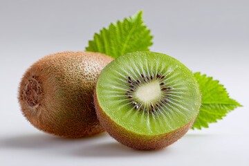 Fresh Kiwi Fruit Isolated on White Background with Leaf Detail Highlighting Vibrant Green Interior and Brown Fuzzy Skin for Healthy Eating Concepts