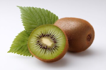 Fresh Kiwi Fruit Isolated on White Background with Leaf Detail Highlighting Vibrant Green Interior and Brown Fuzzy Skin for Healthy Eating Concepts