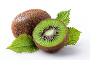 Fresh Kiwi Fruit Isolated on White Background with Leaf Detail Highlighting Vibrant Green Interior and Brown Fuzzy Skin for Healthy Eating Concepts