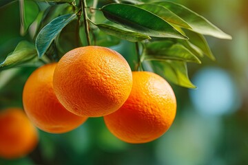 Fresh and Juicy Oranges Hanging from a Branch Surrounded by Green Leaves Ideal for Healthy Lifestyle and Culinary Concepts