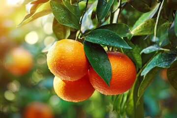 Fresh and Juicy Oranges Hanging from a Branch Surrounded by Green Leaves Ideal for Healthy Lifestyle and Culinary Concepts