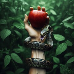 Enticing Red Apple Held in Hand with Two Snakes Lush Green Foliage Background

