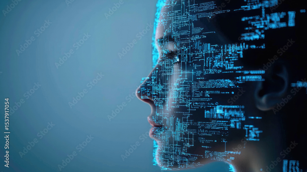 Poster digital face profile artificial intelligence technology data futuristic blue human innovation creati