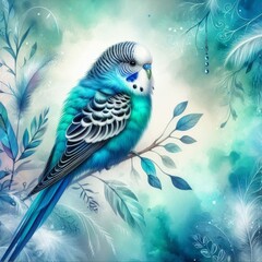 Fototapeta premium Vibrant Turquoise Budgie Perched on Branch Artistic Feather Background Exotic Bird Illustration 