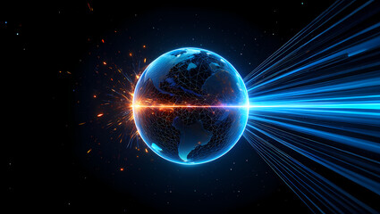 A vibrant blue and orange energy surge explodes from a digital earth, radiating into the cosmos
