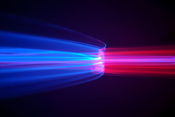 Vibrant blue and red light streaks collide in a dark void