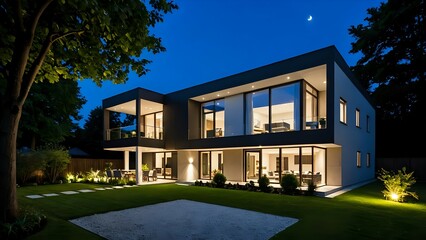Modern house with large windows and illuminated lawn at night, showcasing contemporary architecture.