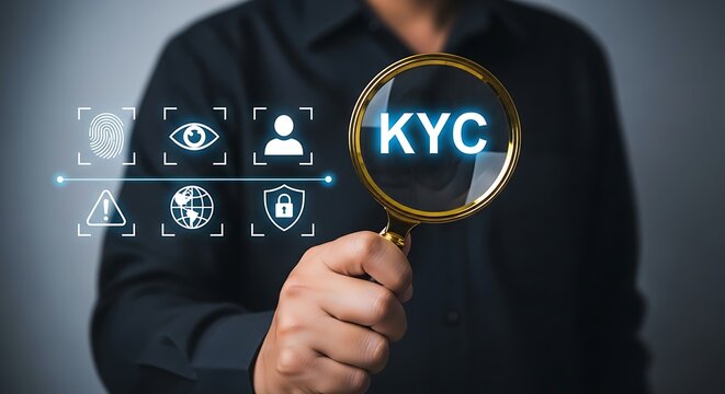 Know Your Customer KYC Verification Concept.Biometric Authentication and KYC Compliance Process ,User Data Verification and Risk Prevention Using KYC ,authentication,data,compliance,shield,alert,lock.