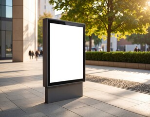 Blank advertising billboard on city sidewalk with blurred pedestrians and sunlit trees