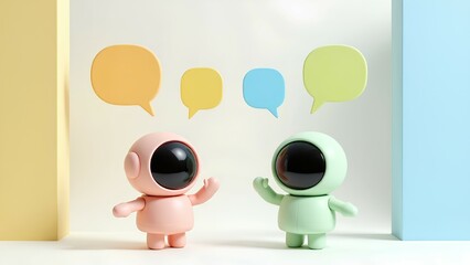 Two cute pastel astronaut characters communicate with colorful speech bubbles above their heads. This 3D render on a minimalist background symbolizes conversation, social med