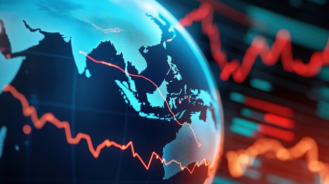 A digital globe showing Asia-Pacific with fluctuating red stock market graphs in the background, symbolizing global finance and economic trends.