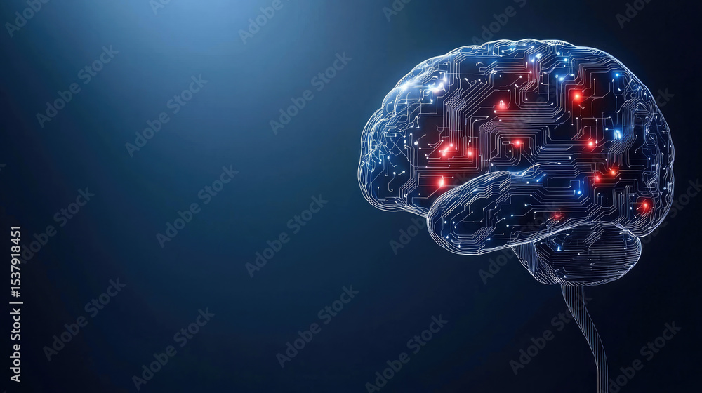Aufkleber digital brain with wires circuits glowing lights artificial intelligence technology innovation futur