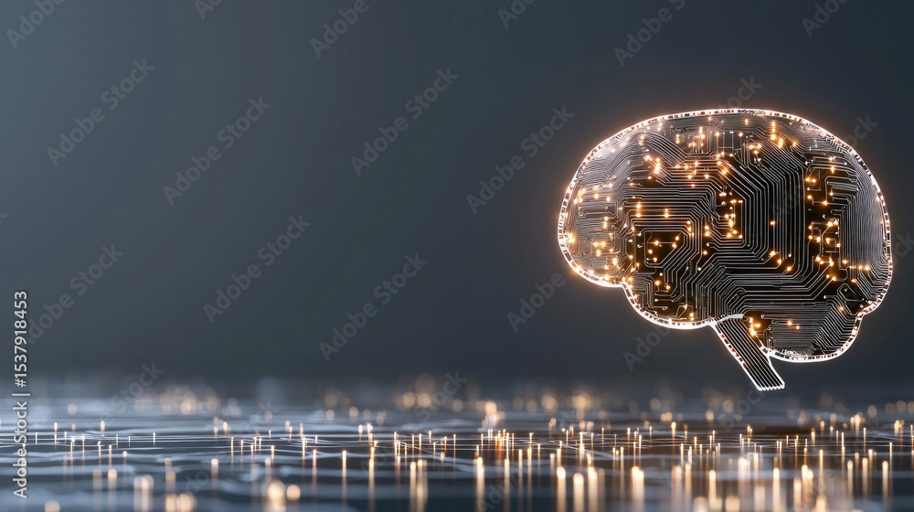 Poster Artificial intelligence brain with glowing circuit pattern, digital technology, futuristic innovation concept