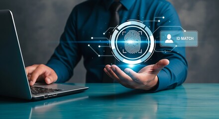 Biometric ID Matching System with Fingerprint Scan .Corporate Identity Verification Using Biometric Fingerprint Scan,Identity Security Concept with Fingerprint Recognition ID Verification .