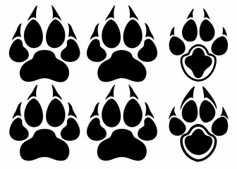 Black Paw Print Icons Collection – Dog, Cat, Wolf, Bear, Fox Footprint Vector Design