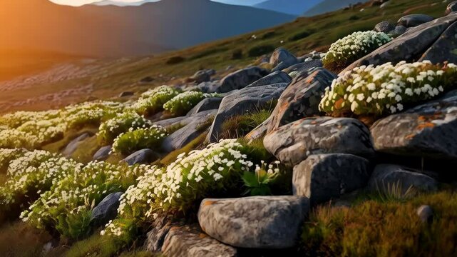 Alpine meadow landscape with gray stones covered by orange lichen and patches of small white flowers in a sunny mountain environment