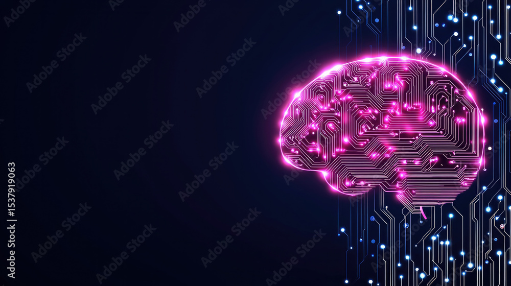 Poster bright neon brain with circuit pattern glowing on dark background, symbolizing artificial intelligen