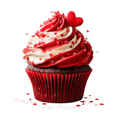Valentine cupcake with red velvet frosting swirl, isolated on transparent background