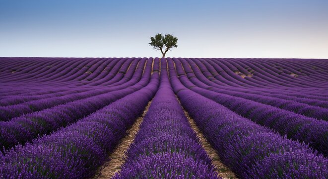 This stunning image captures endless rows of blooming purple English lavender, leading the eye to a lone green tree on the distant horizon, embodying tranquil natural bea