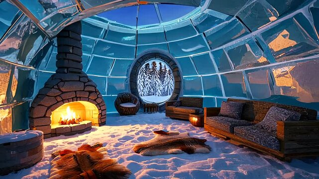 Cozy igloo interior with a warm fireplace, surrounded by snowy wilderness at dusk