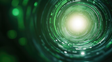 Obraz premium Abstract digital tunnel with concentric green rings leading to a bright center