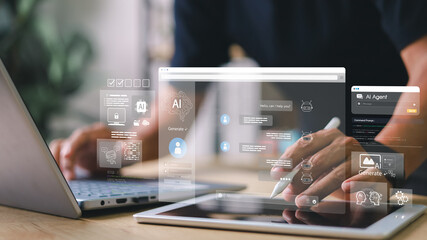 Artificial Intelligence (AI) system interface on laptop screen with chatbots, analytics, content generation, and automation icons. Business technology and digital workflow.