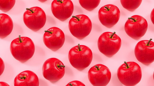 Pattern of red apples creating a vibrant design on pink background