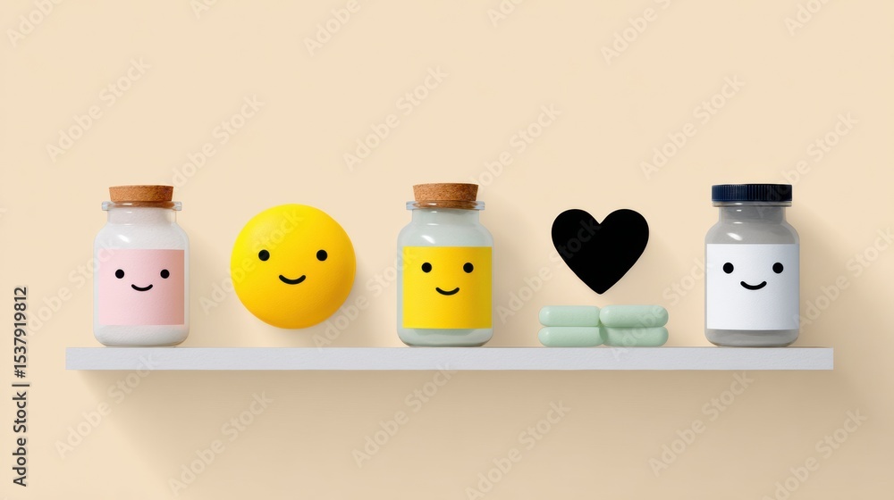 Poster visual reminders for emotional self-care displayed on a shelf featuring cheerful colors and playful 