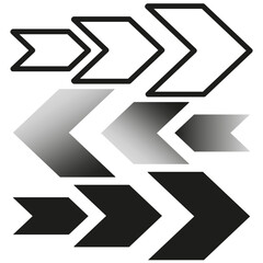 Gray arrow directions. Triple chevron symbols. Vector navigation icons. Monochrome pointer design.