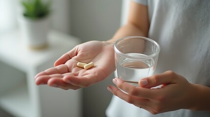 Hands holding pills, a sick person struggling .