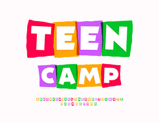 Vector Colorful board Teen Camp. Unique Bright Font. Trendy Alphabet Letters and Numbers set