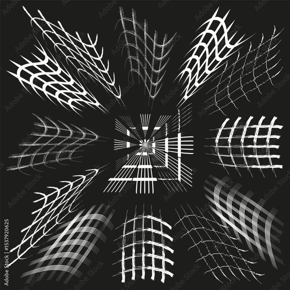 Poster distorted grid pattern. radial burst effect. abstract geometric illusion. vector futuristic backgrou