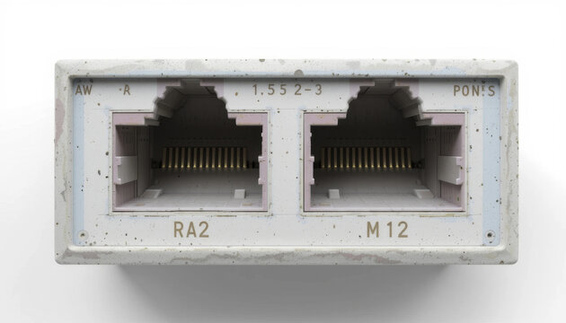 close up image of two Ethernet ports on white, textured surface, showcasing intricate details of connectors. ports are labeled with alphanumeric codes, emphasizing technical and industrial design