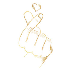 Vector doodles in the form of a golden hand gesture, highlighted on a white background.  Sign love, heart. The texture of writing materials. Handwritten gold drawings and pencil strokes.