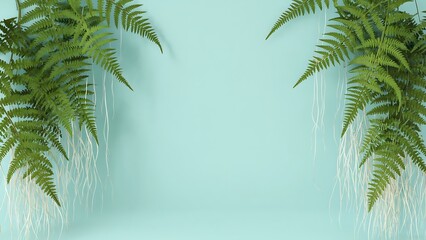 Ferns in a Serene Studio: Lush green fern fronds elegantly frame a soft turquoise backdrop in a studio, creating a peaceful and minimalist scene.