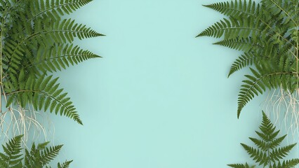 Fern Frame on Blue: Lush green ferns with visible roots create a vibrant natural frame against a soft blue backdrop, offering a serene and versatile design element.